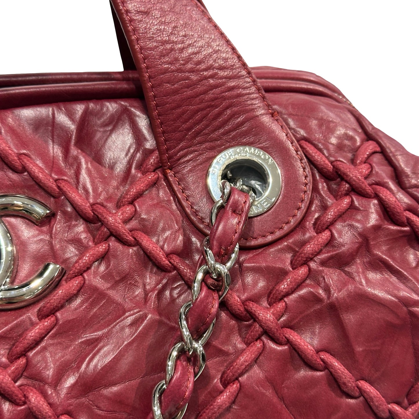 Used CHANEL Leather Quilted Tote Bag Handbag Burgundy