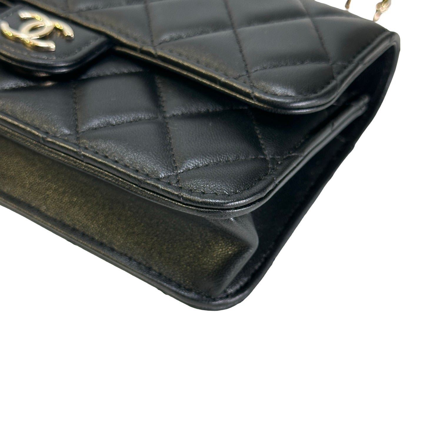 Used CHANEL Quilted Lambskin Phone Holder with Top Handle and Chain Crossbody Bag Black GHW