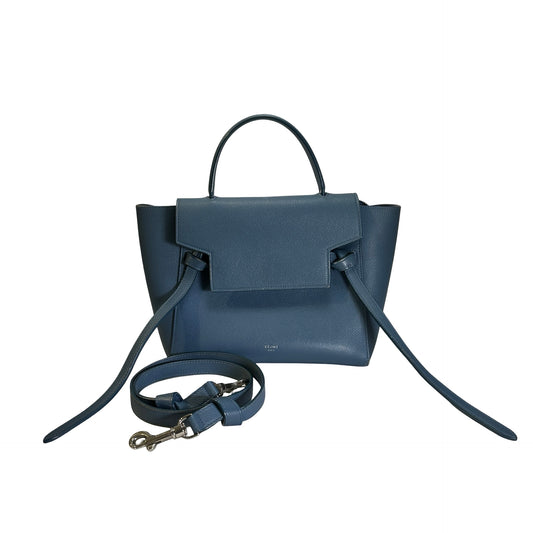 Used CELINE Grained Calfskin Nano Belt Bag Shoulder Bag Blue PHW