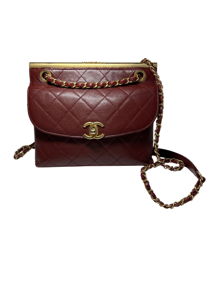 Used Chanel Calfskin Leather Double Sided Flap Shoulder Bag Black Wine Red