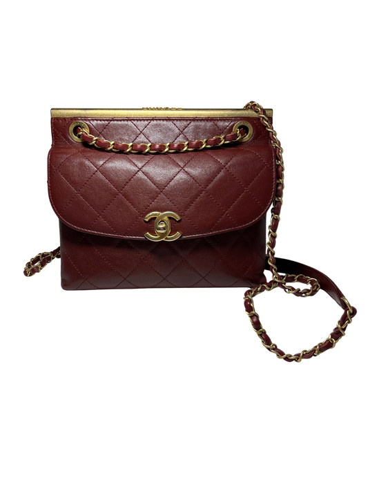 Used Chanel Calfskin Leather Double Sided Flap Shoulder Bag Black Wine Red