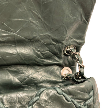 CHANEL Quilted Crinkled Calfskin Surpique Chain Shoulder Bag Dark Green Silver Hardware