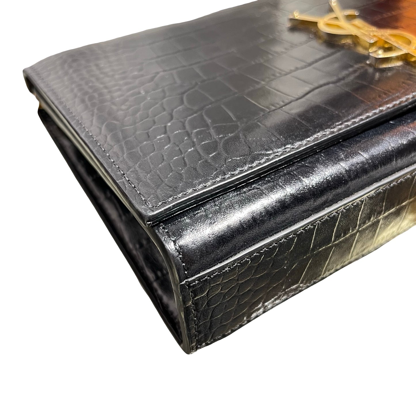 Used SAINT LAURENT Crocodile-Embossed Kate Medium Shoulder Bag Black GHW