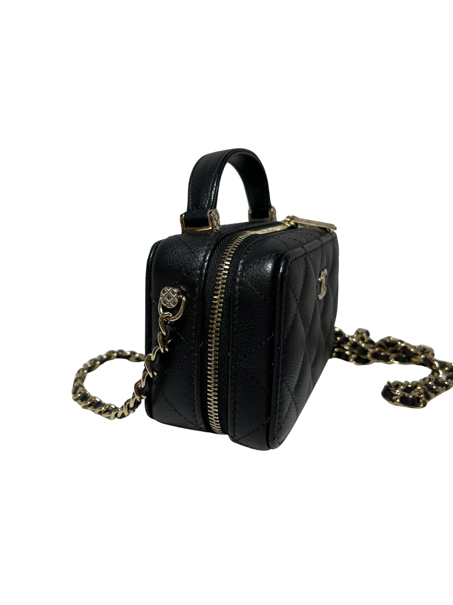 Used CHANEL Calfskin Leather Handle Mini Cross Body Bag Black GHW
