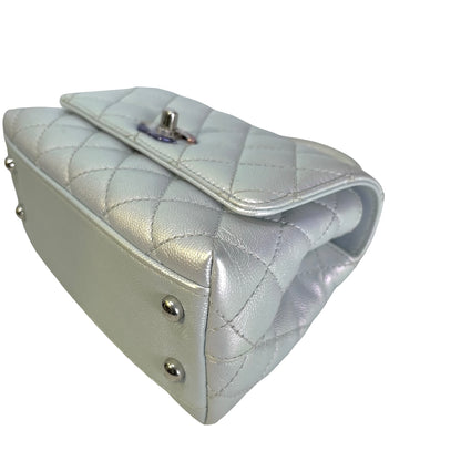 Used CHANEL Quilted Caviar Coco Handle Cross body bag Iridescent Silver Light Blue