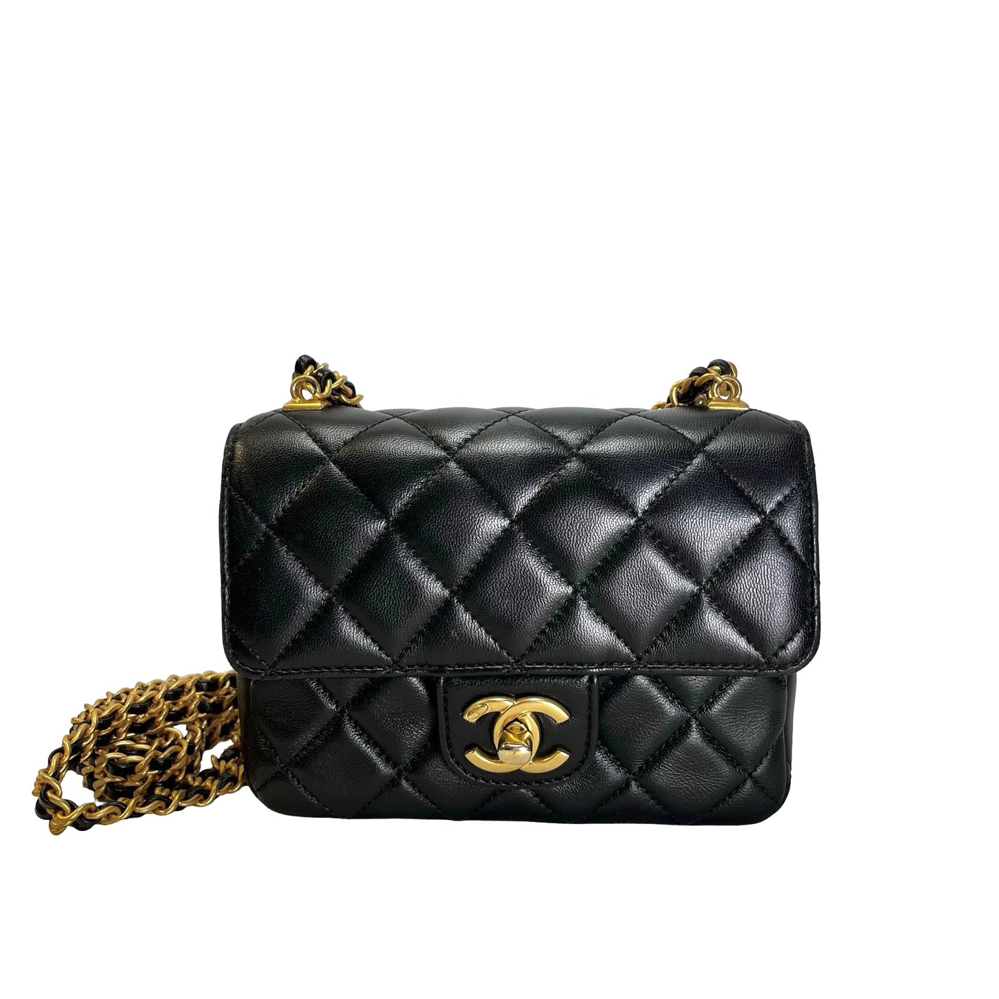 CHANEL Quilted Lambskin Mini Rectangular Flap Chain Shoulder Bag Black Gold