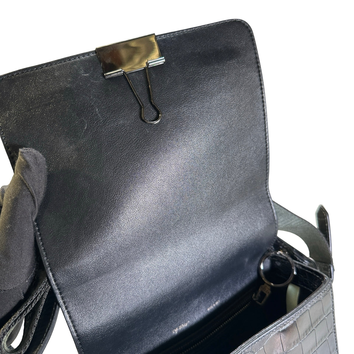 Used OFF-WHITE Crocodile Embossed Binder Clip Crossbody Bag Black PHW