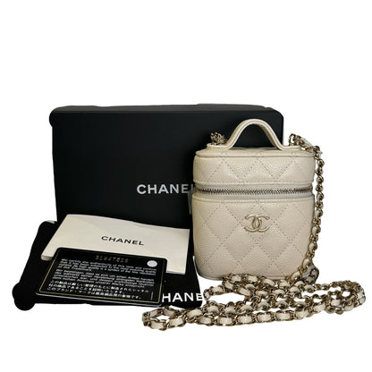Used CHANEL Quilted Caviar Small Vanity Case with Chain Vanity case White