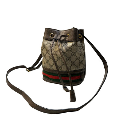 Used GUCCI GG Supreme Canvas Ophidia Bucket Bag Beige Ebony Brown， GHW