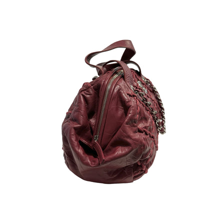 Used CHANEL Leather Quilted Tote Bag Handbag Burgundy