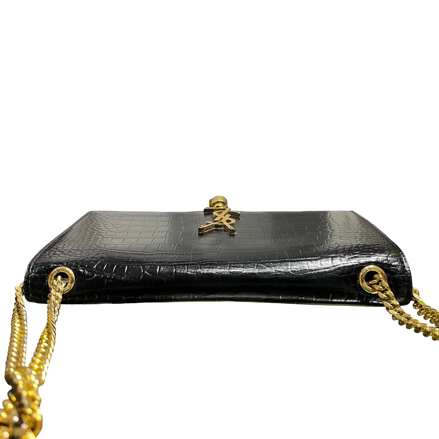 Used SAINT LAURENT Crocodile-Embossed Kate Medium Shoulder Bag Black GHW
