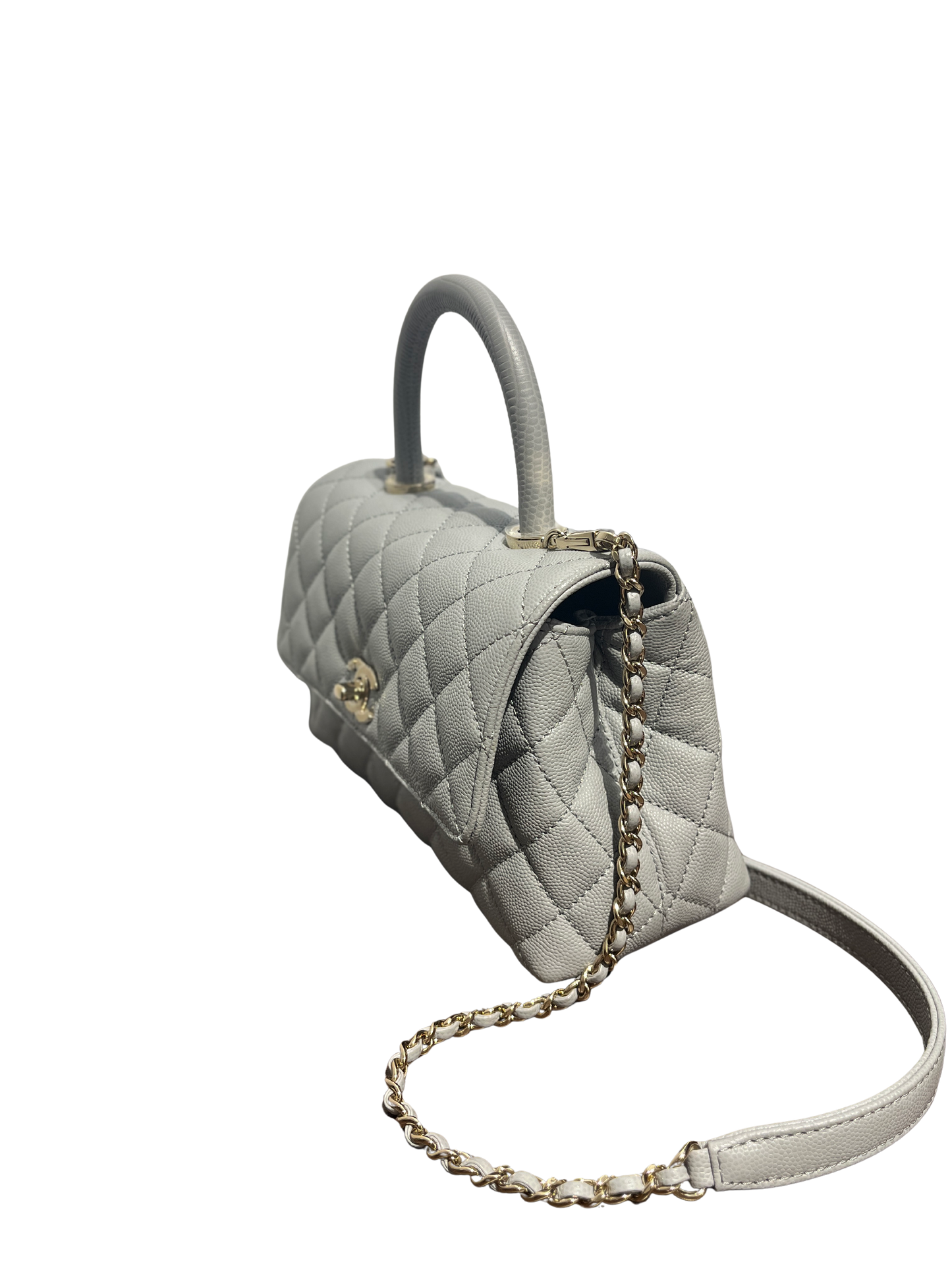 Used CHANEL Calfskin Leather Coco Handle small Cross Body Bag Gray GHW