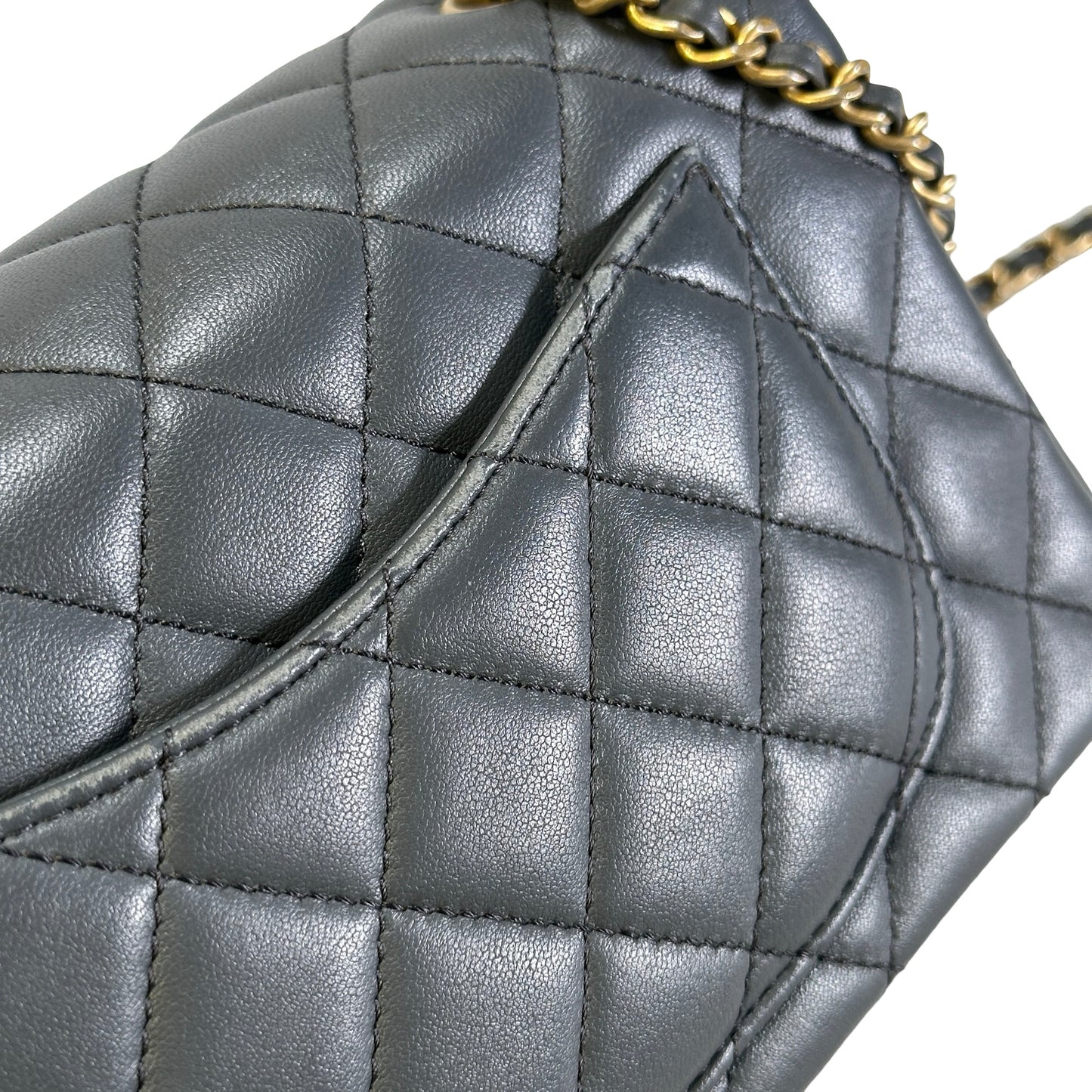 Used CHANEL Quilted Lambskin Mini Flap Bag With Gold Ball Mini Bag Grey GHW