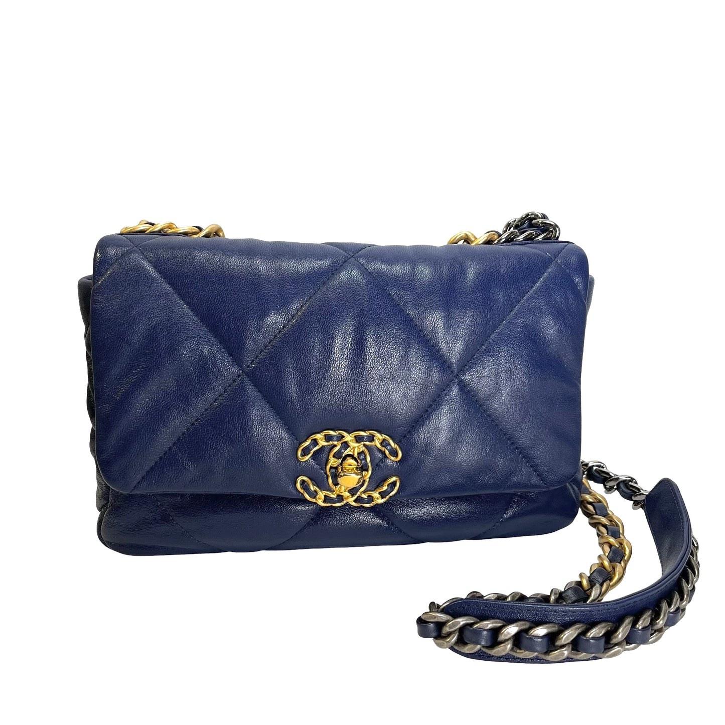 Used CHANEL Lambskin Quilted 19 Bag Shoulder Bag Navy Blue GHW
