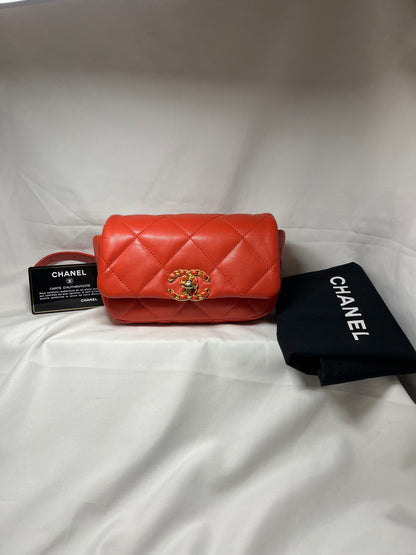 Used Chanel Lambskin Leather 19 Belt Shoulder Bag GHW Red