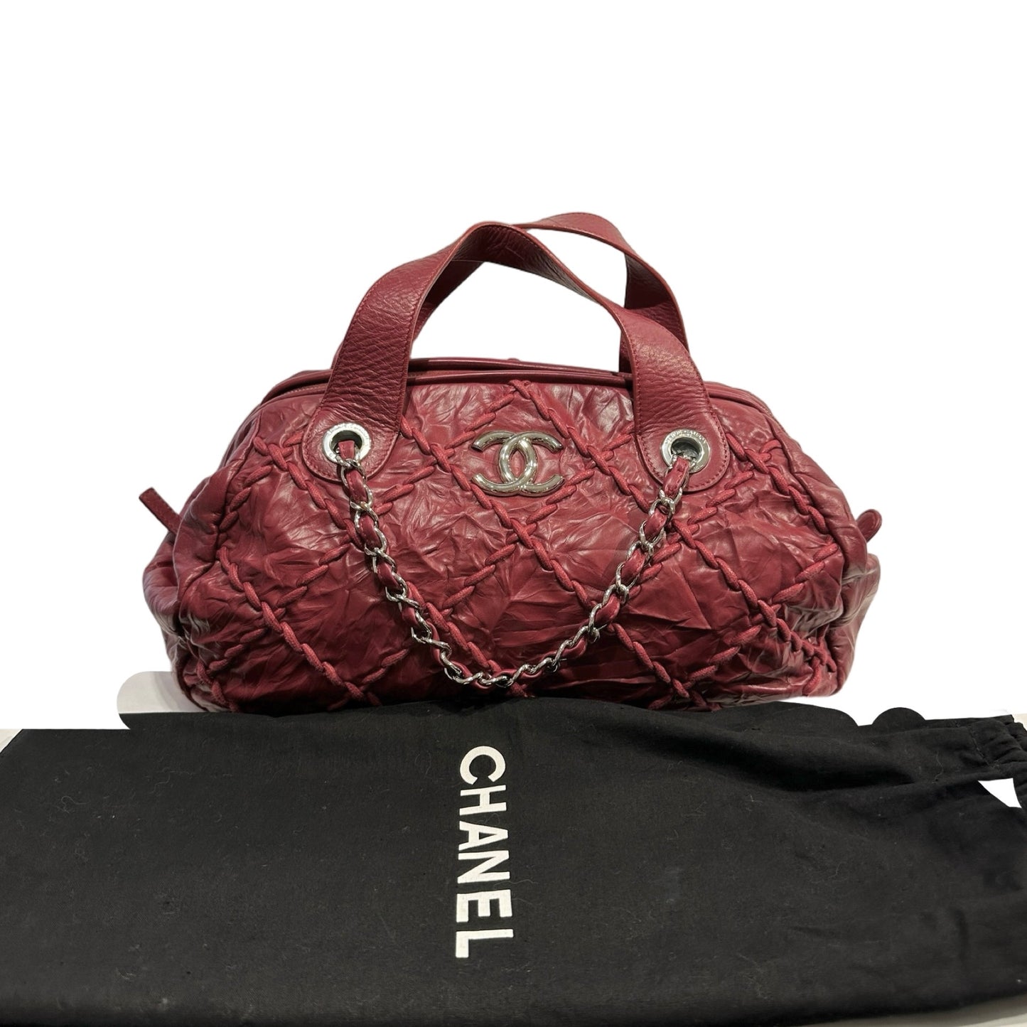 Used CHANEL Leather Quilted Tote Bag Handbag Burgundy