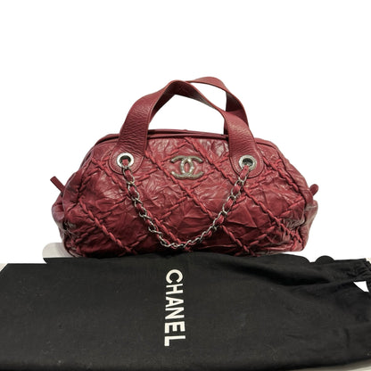 Used CHANEL Leather Quilted Tote Bag Handbag Burgundy