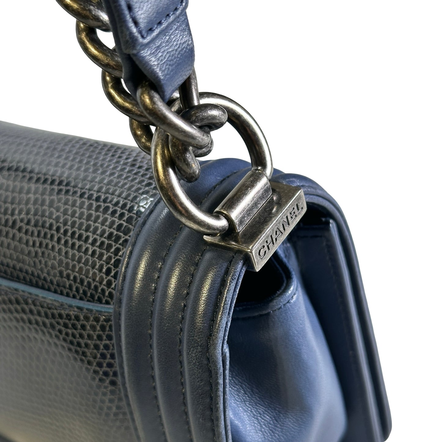 Used CHANEL Lizard Calfskin Boy Bag Shoulder Bag Navy Blue