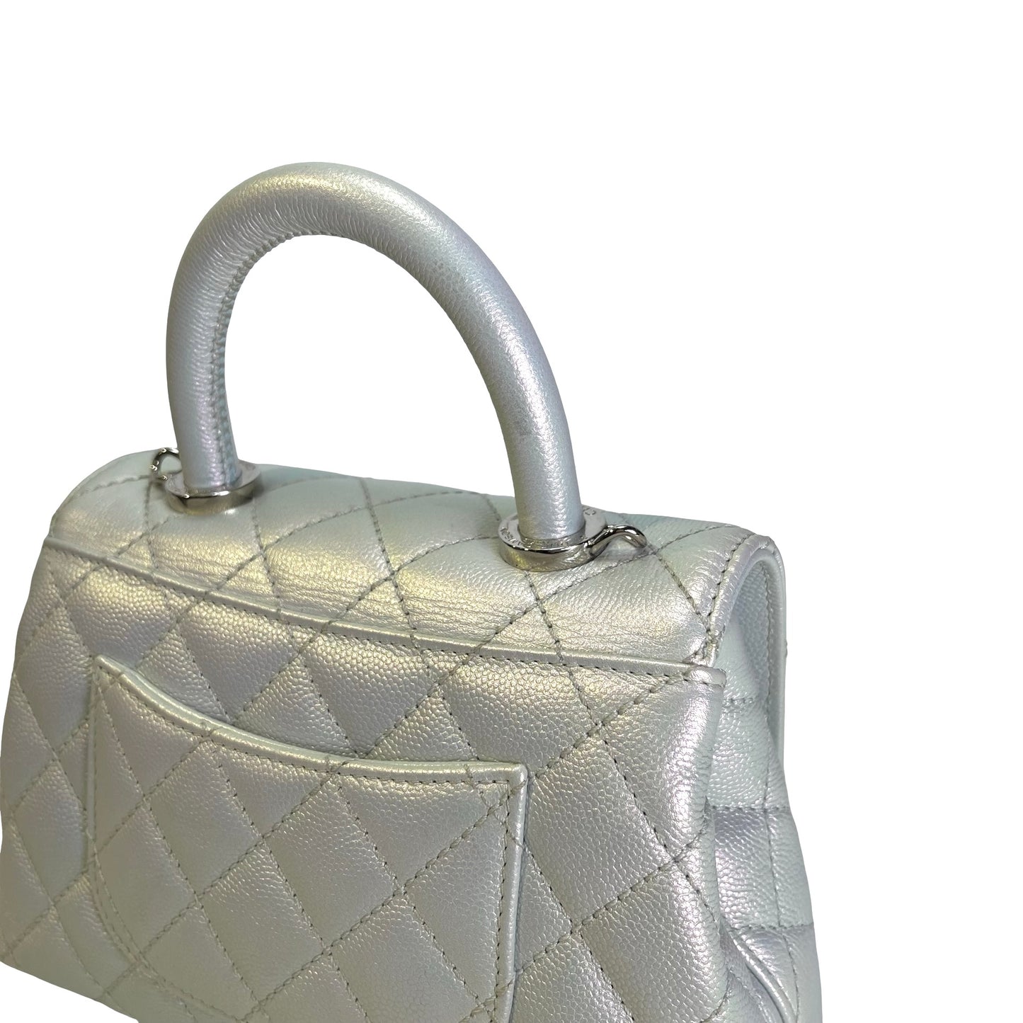 Used CHANEL Quilted Caviar Coco Handle Cross body bag Iridescent Silver Light Blue