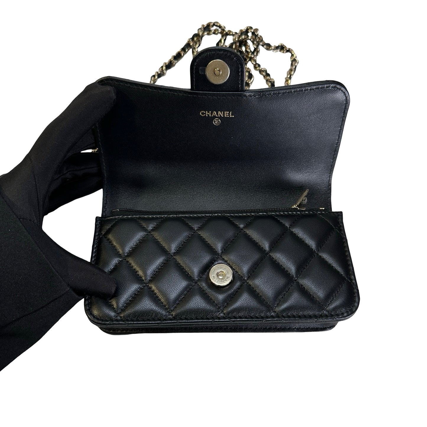 Used CHANEL Quilted Lambskin Phone Holder with Top Handle and Chain Crossbody Bag Black GHW