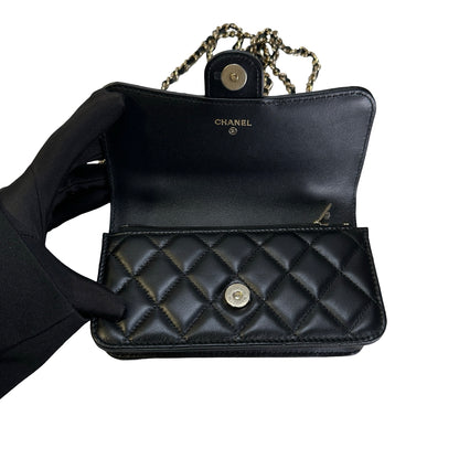 Used CHANEL Quilted Lambskin Phone Holder with Top Handle and Chain Crossbody Bag Black GHW