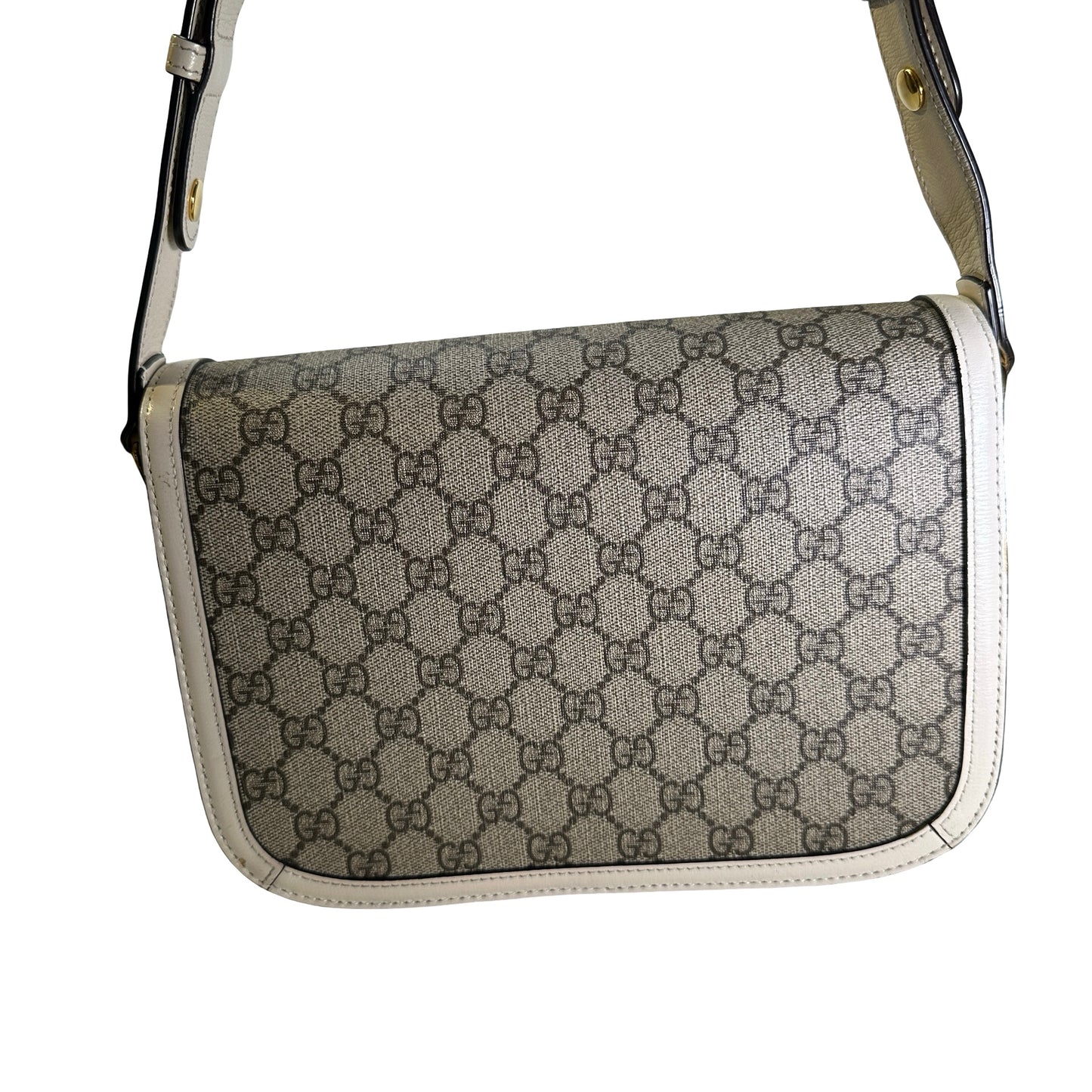 Used GUCCI GG Supreme Canvas Horsebit 1955 Shoulder Bag Beige White GHW