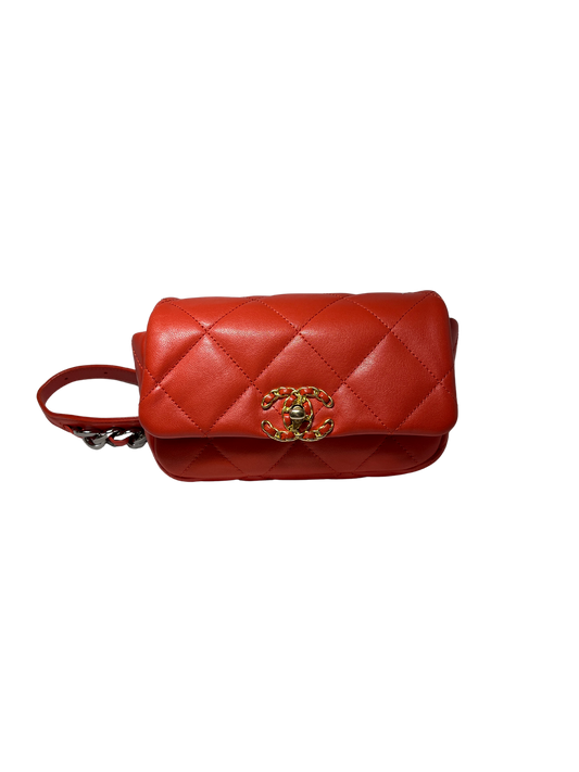 Used Chanel Lambskin Leather 19 Belt Shoulder Bag GHW Red