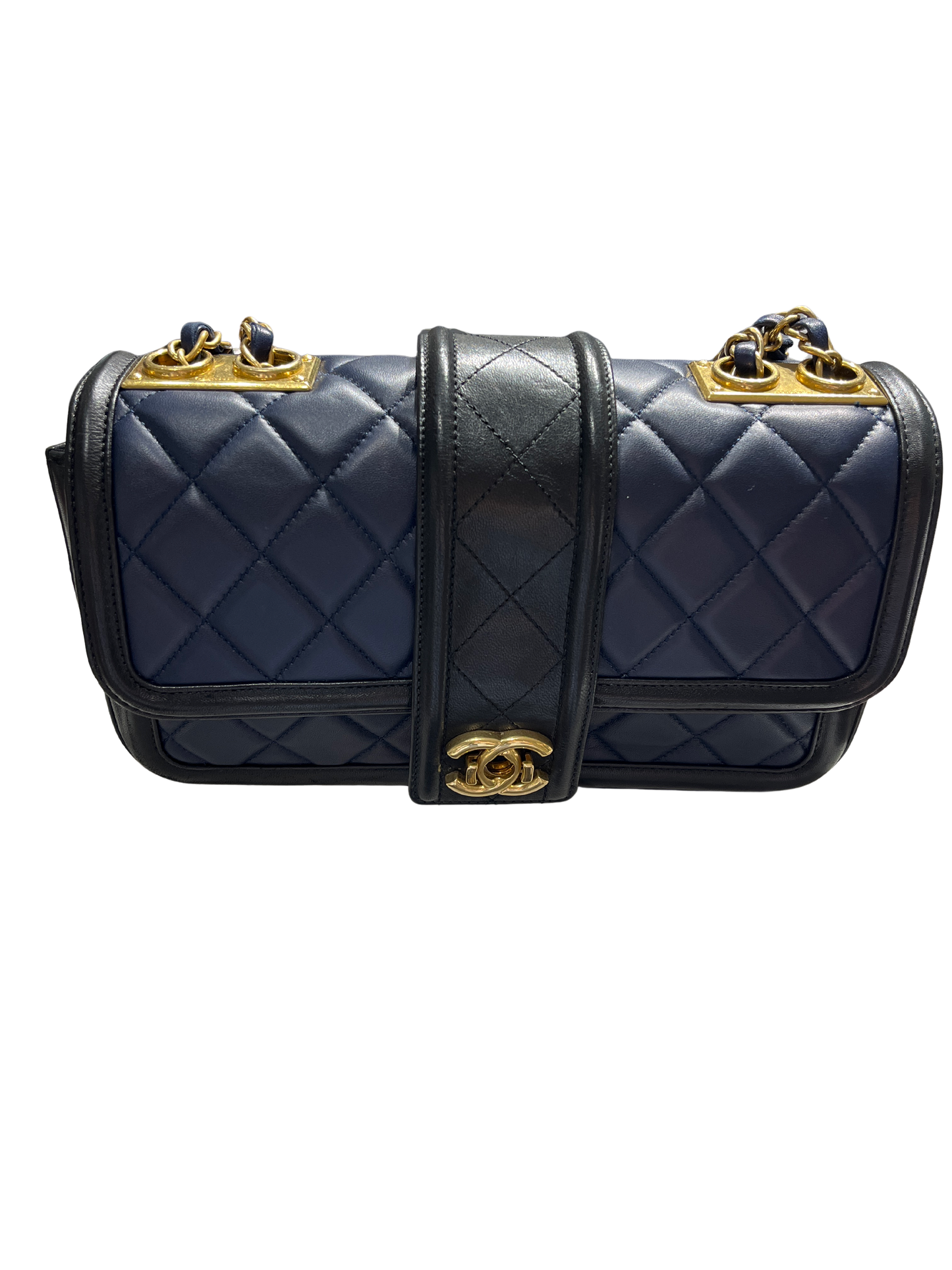 Used CHANEL Quilted Lambskin Quilted Boy Bag Chain Shoulder Bag Navy Blue Black