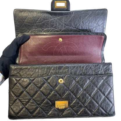 Used CHANEL Quilted Aged Calfskin 2.55 Medium Chain Shoulder Bag Black Gold