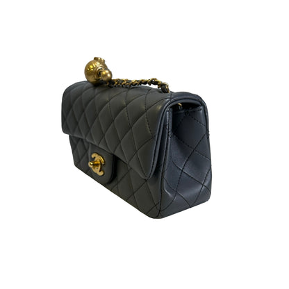 Used CHANEL Quilted Lambskin Mini Flap Bag With Gold Ball Mini Bag Grey GHW