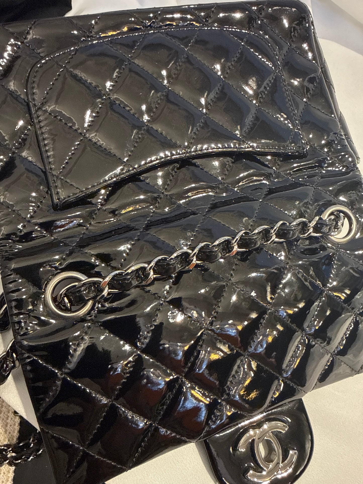 Used Chanel Quilted Patent Leather Classic Flap Mini Chain Shoulder Bag Black PHW