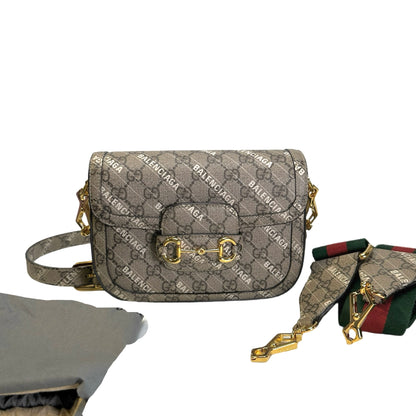 Used BALENCIAGA X GUCCI BB Monogram Hacker Project Horsebit 1955 Small Bag Shoulder Bag Beige Ebony Gold
