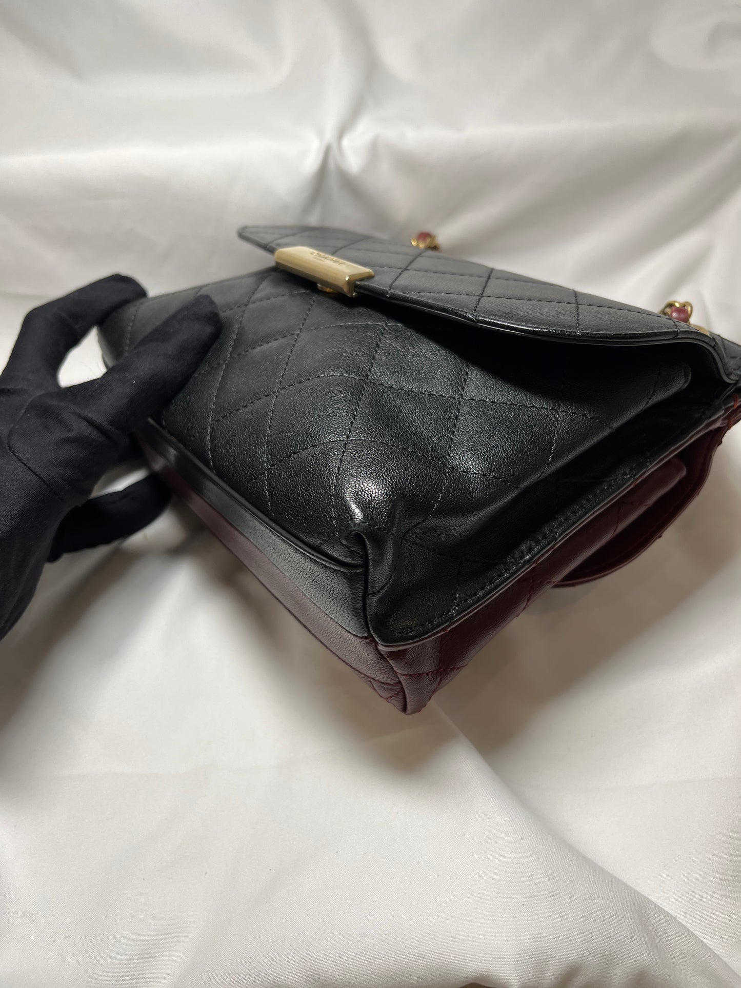 Used Chanel Calfskin Leather Double Sided Flap Shoulder Bag Black Wine Red