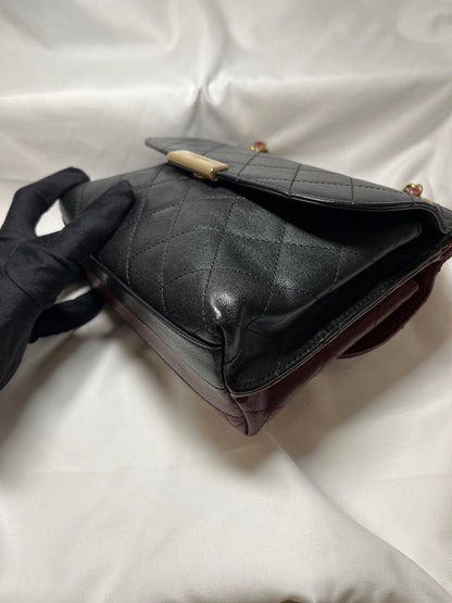 Used Chanel Calfskin Leather Double Sided Flap Shoulder Bag Black Wine Red
