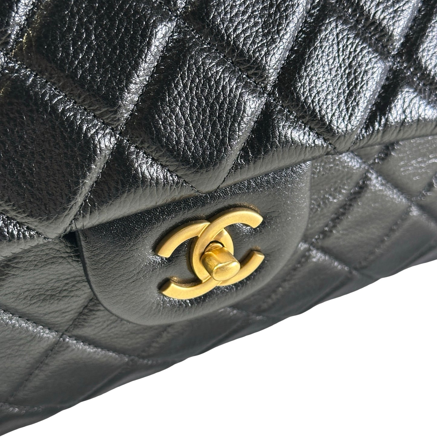 Used CHANEL Quilted Caviar Classic Flap Shoulder Bag Black Gold