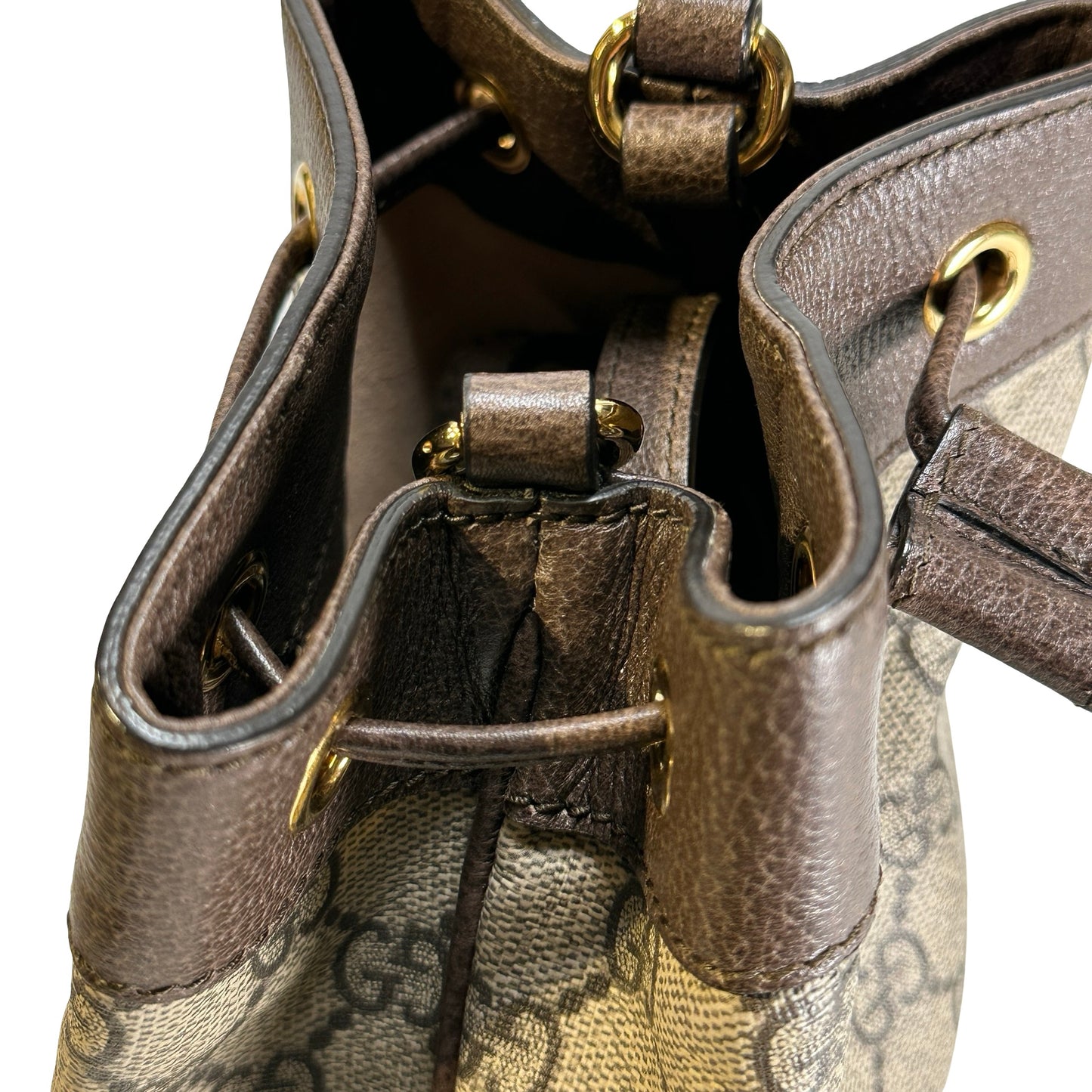 Used GUCCI GG Supreme Canvas Ophidia Bucket Bag Beige Ebony Brown， GHW