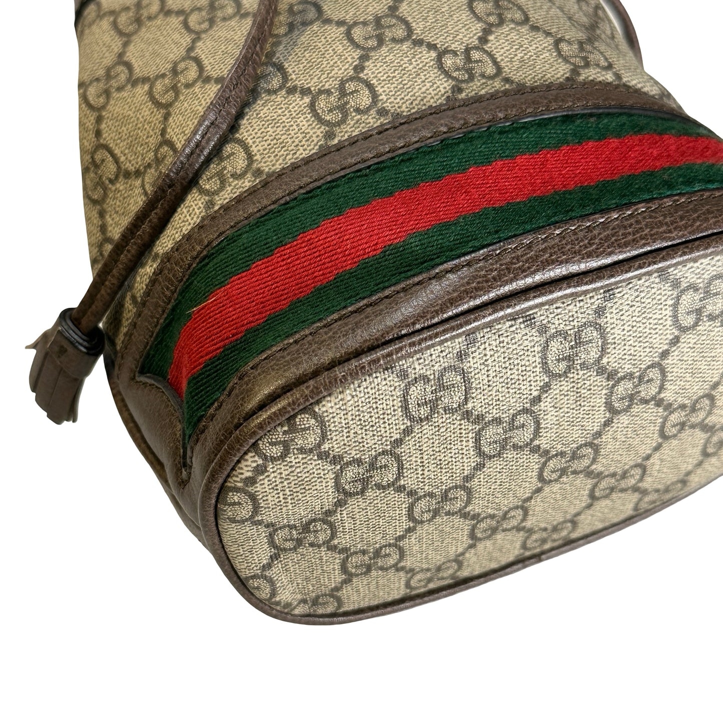 Used GUCCI GG Supreme Canvas Ophidia Bucket Bag Beige Ebony Brown， GHW