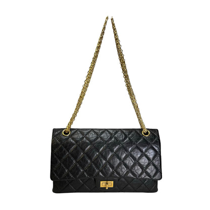 Used CHANEL Quilted Aged Calfskin 2.55 Medium Chain Shoulder Bag Black Gold