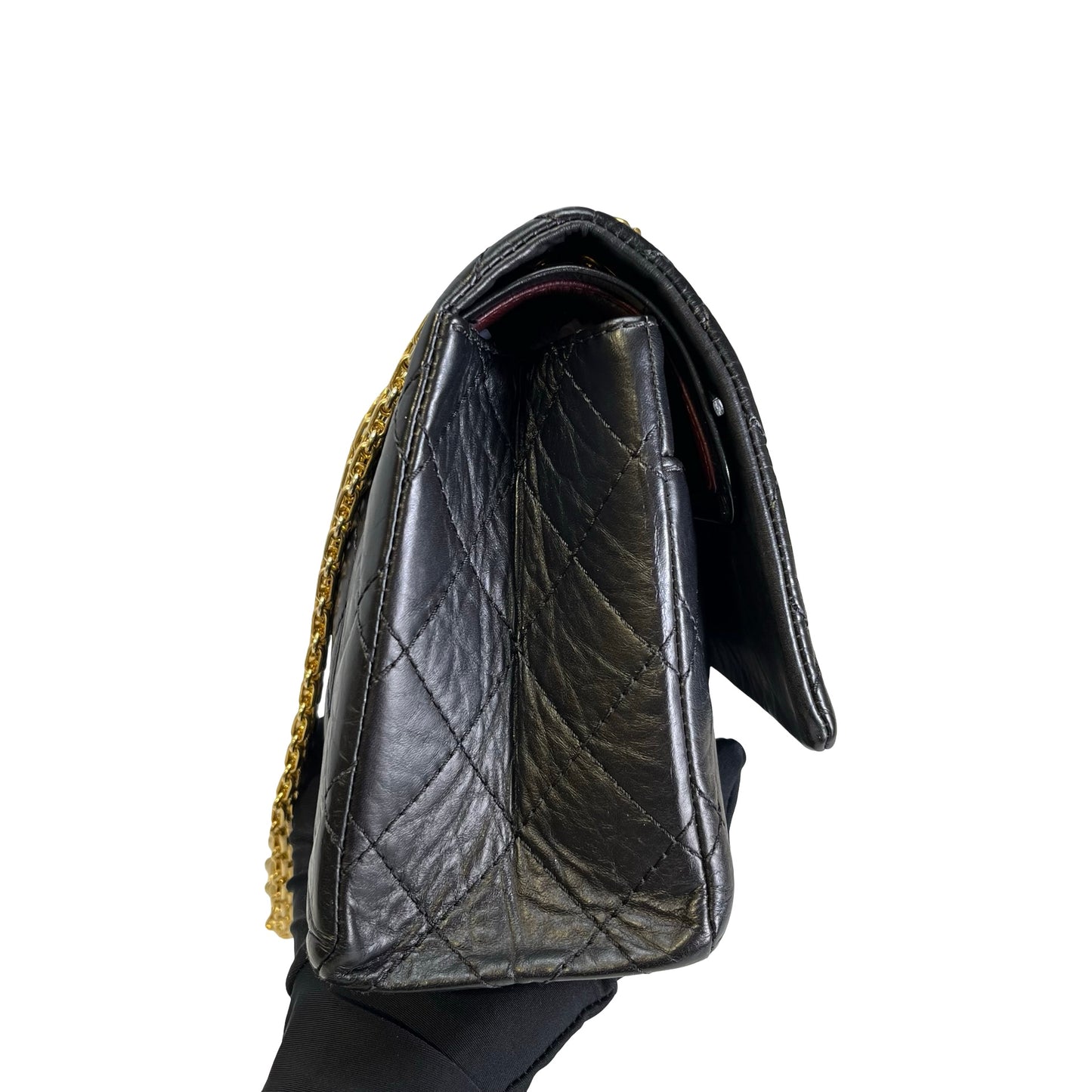 Used CHANEL Quilted Aged Calfskin 2.55 Medium Chain Shoulder Bag Black Gold