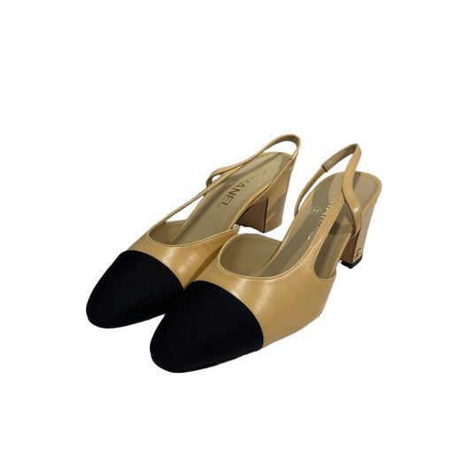 Used CHANEL Goatskin Slingbacks Heels Beige Black