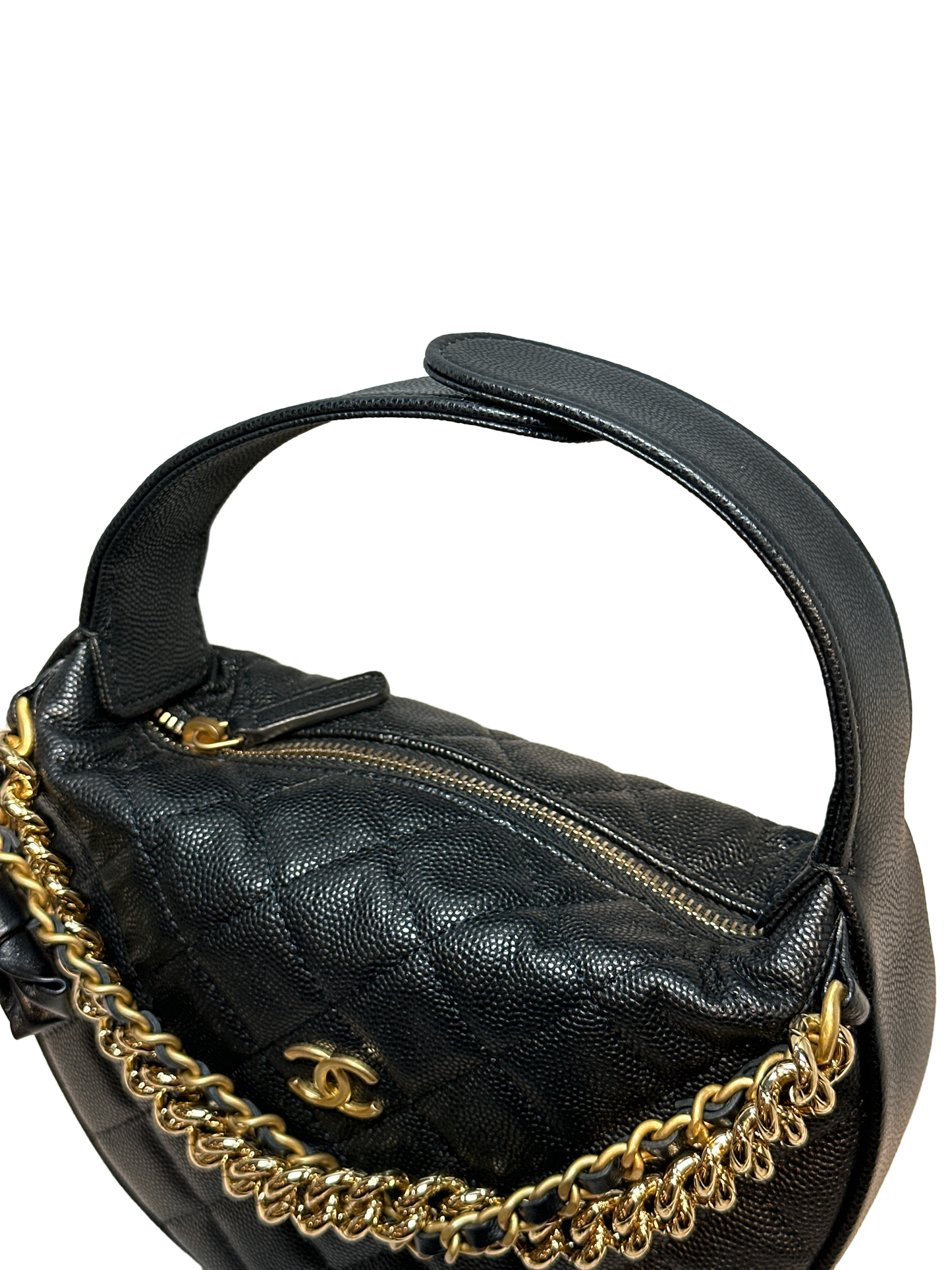 Used CHANEL Caviar Leather RIBBON HOBO POUCH Handbag Black GHW