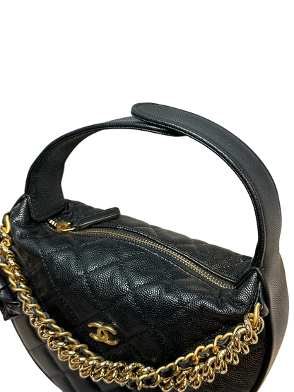 Used CHANEL Caviar Leather RIBBON HOBO POUCH Handbag Black GHW