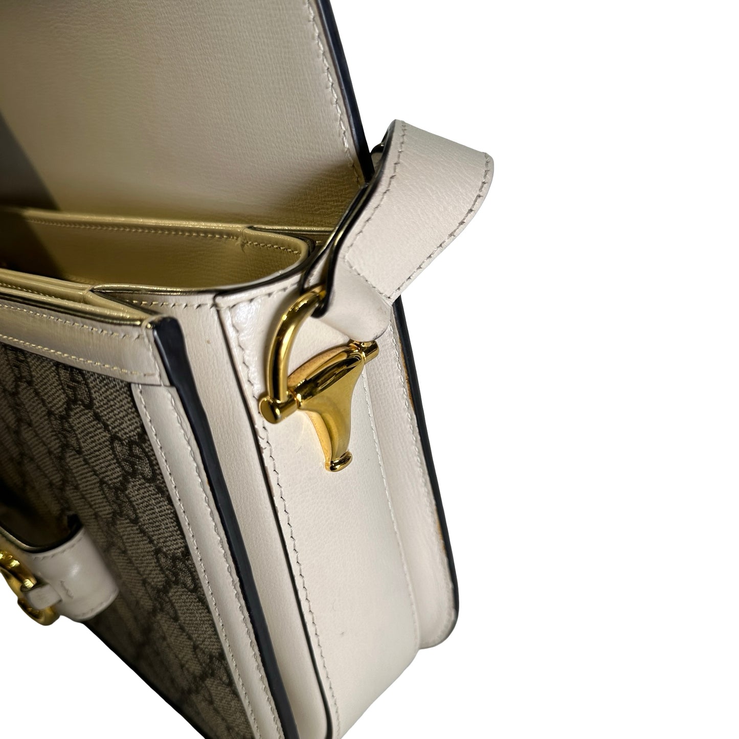 Used GUCCI GG Supreme Canvas Horsebit 1955 Shoulder Bag Beige White GHW