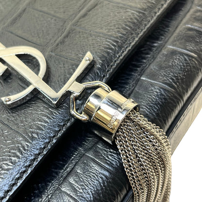 Used Saint Laurent Calfskin Leather Crocodile-Embossed Kate Tassel Chain Shoulder Bag Black PHW