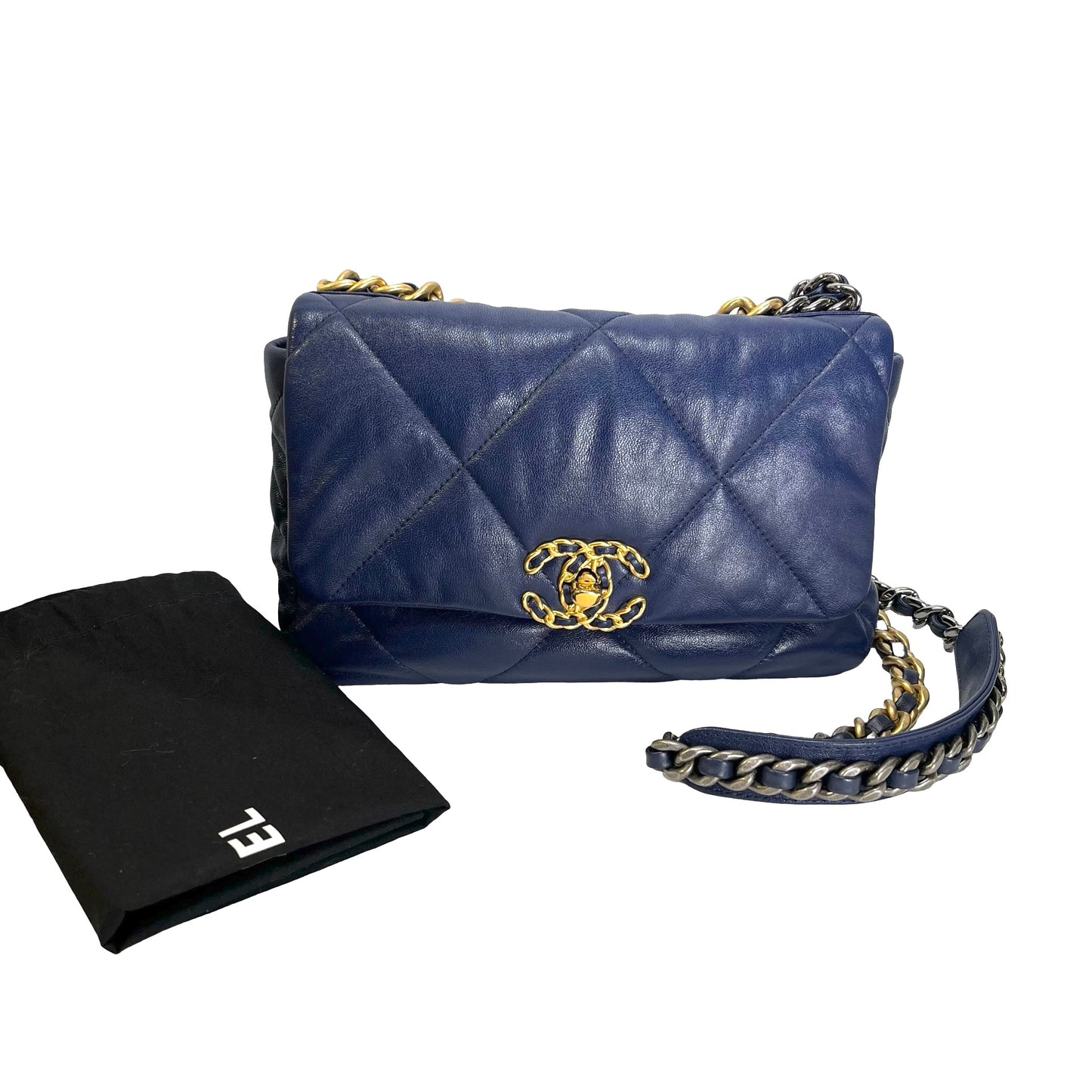 Used CHANEL Lambskin Quilted 19 Bag Shoulder Bag Navy Blue GHW