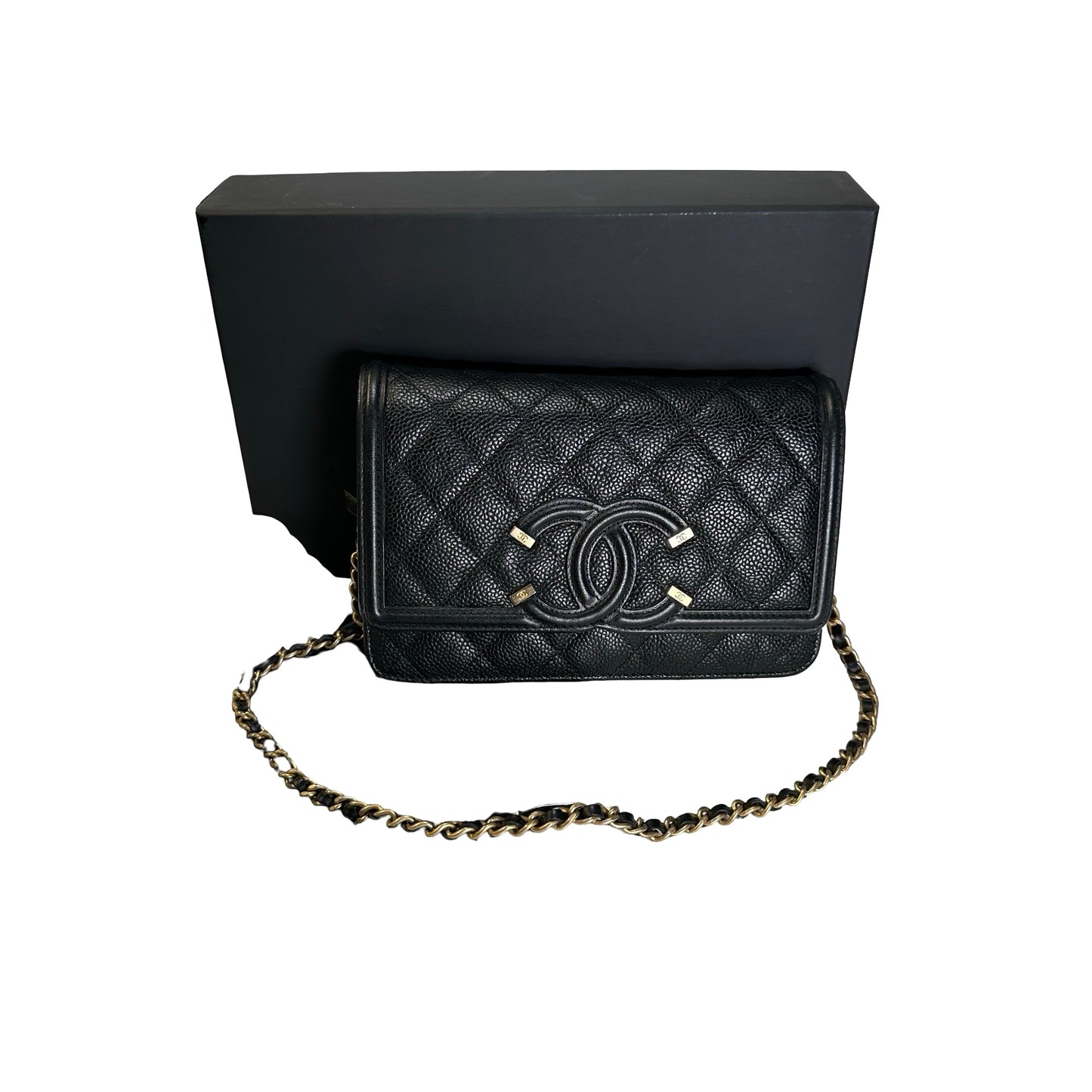 Used CHANEL Quilted Caviar Wallet On Chain Wallet on chain Black Gold