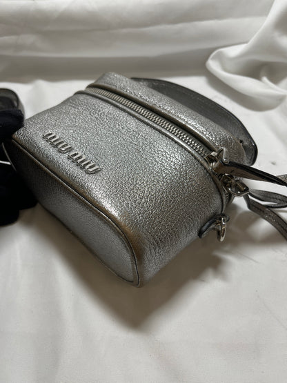 Used Miu Miu Calfskin Leather Vanity Bag Crossbody Bag Silver PHW