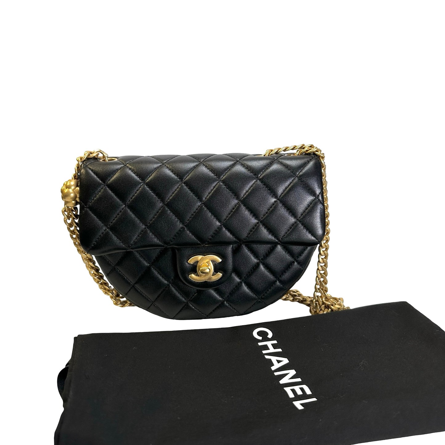 Used CHANEL Quilted Lambskin Quilted Crossbody Crossbody Bag Black Gold