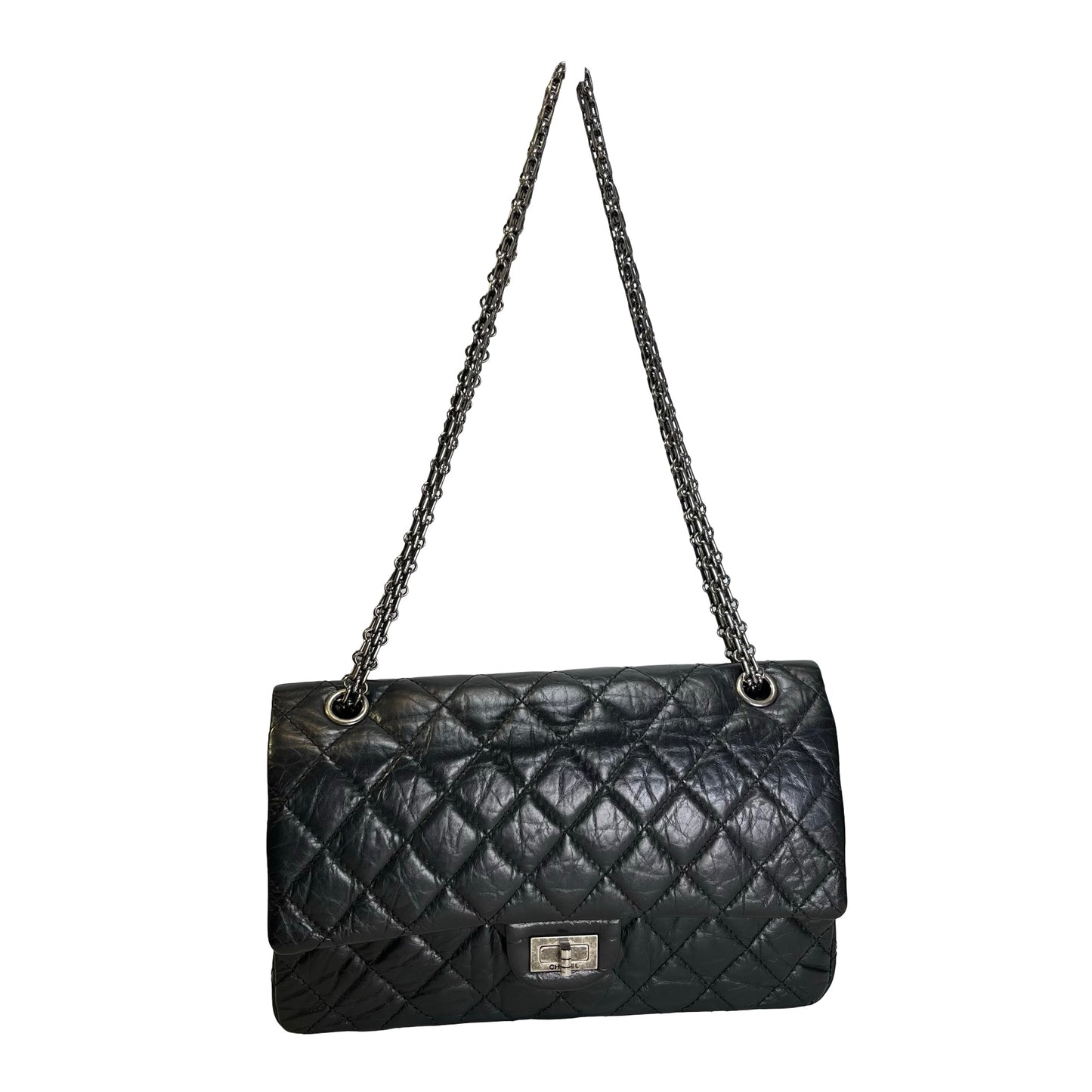 Used CHANEL Quilted Aged Calfskin 2.55 Medium Chain Shoulder Bag Black PHW