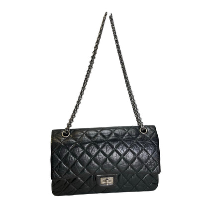 Used CHANEL Quilted Aged Calfskin 2.55 Medium Chain Shoulder Bag Black PHW